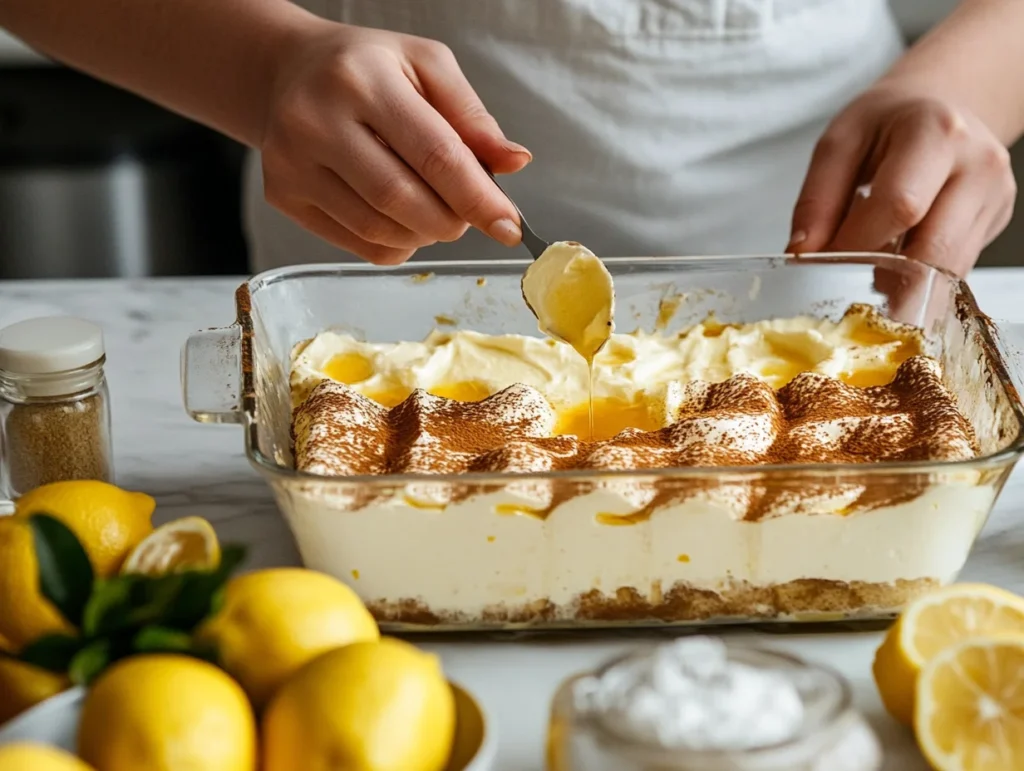 H1: Limoncello Tiramisu Without Eggs: Light, Luscious, and Easy to Make 2 assembling limoncello tiramisu by layering mascarpone and soaked ladyfingers
