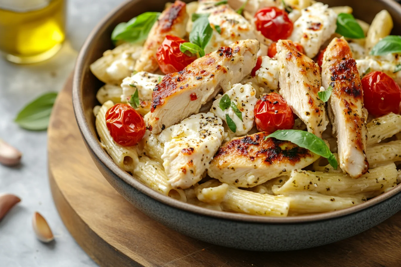 Baked feta pasta with chicken in a rustic bowl with cherry tomatoes and basil