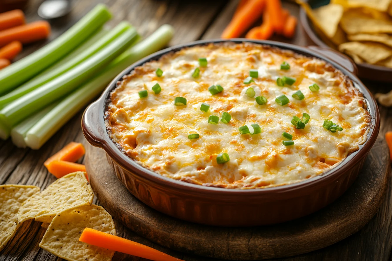 Buffalo chicken dip without ranch topped with melted cheese and green onions, served with celery and chips