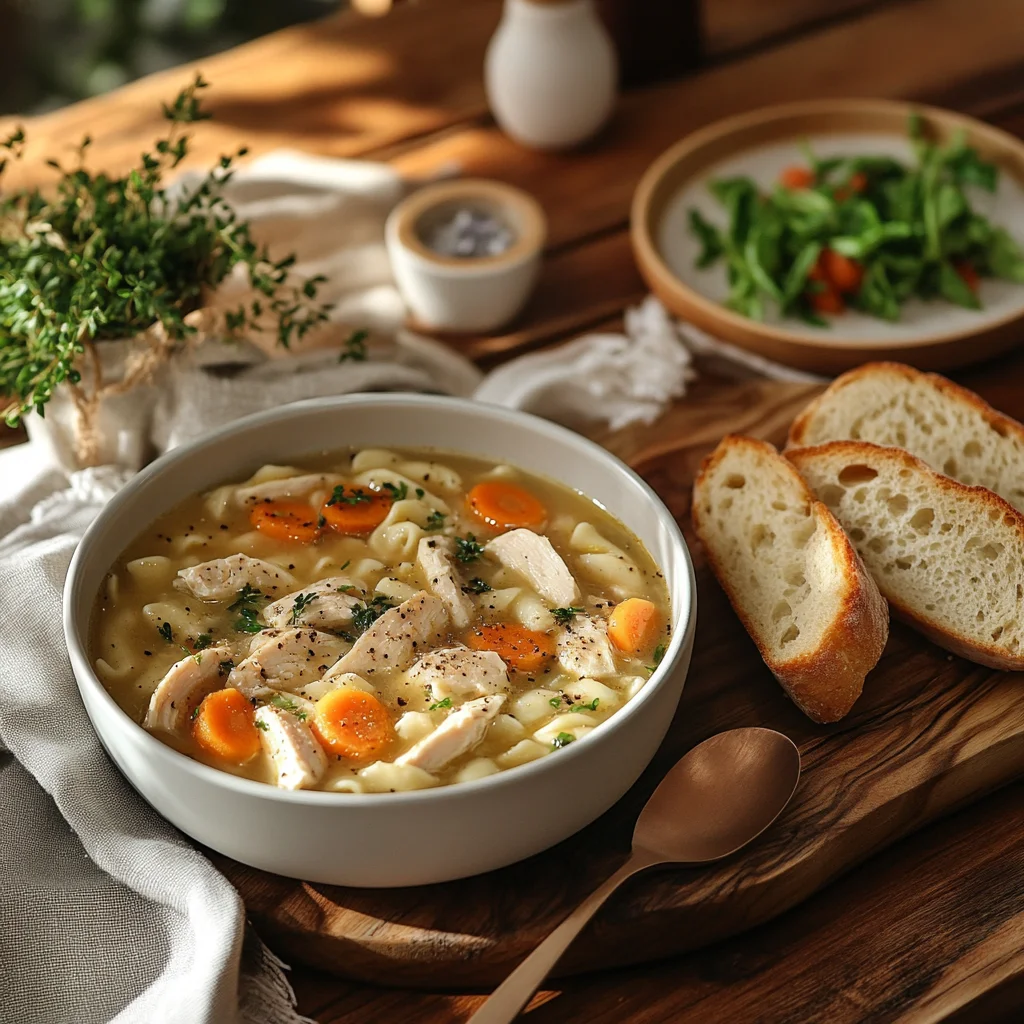 Marry Me Chicken Noodle Soup: A Comforting Bowl You'll Fall For 3 Dinner table set with bowls of Marry Me Chicken Noodle Soup, garlic bread, and salad for a cozy meal