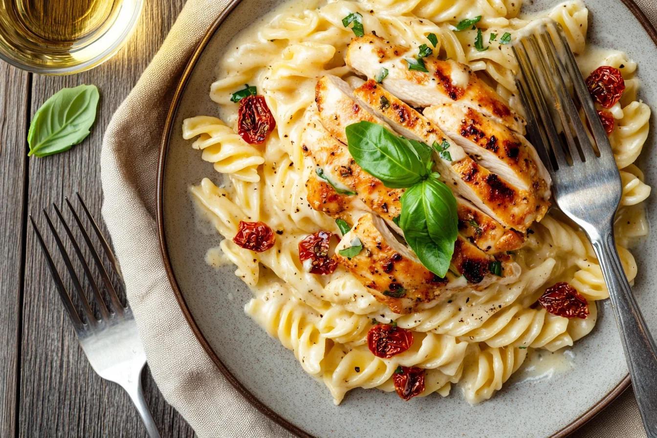 Creamy Marry Me Chicken Pasta with sun-dried tomatoes and parmesan served for a romantic dinner