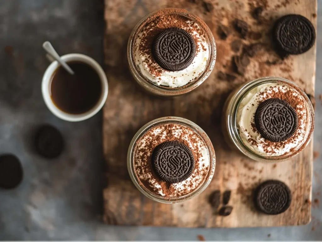 Individual Oreo tiramisu parfaits layered with mascarpone cream and crushed Oreos.