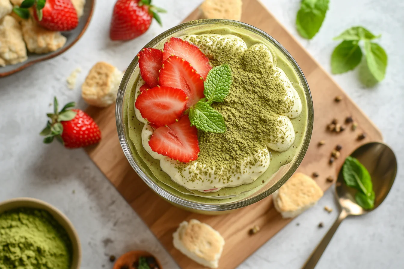 matcha tiramisu dessert topped with matcha powder and strawberries in a glass dish