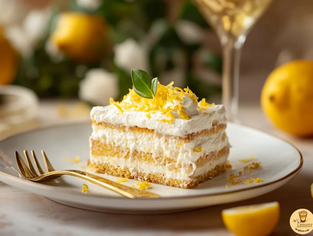 H1: Limoncello Tiramisu Without Eggs: Light, Luscious, and Easy to Make 3 Slice of limoncello tiramisu topped with whipped cream and lemon zest on a white plate
