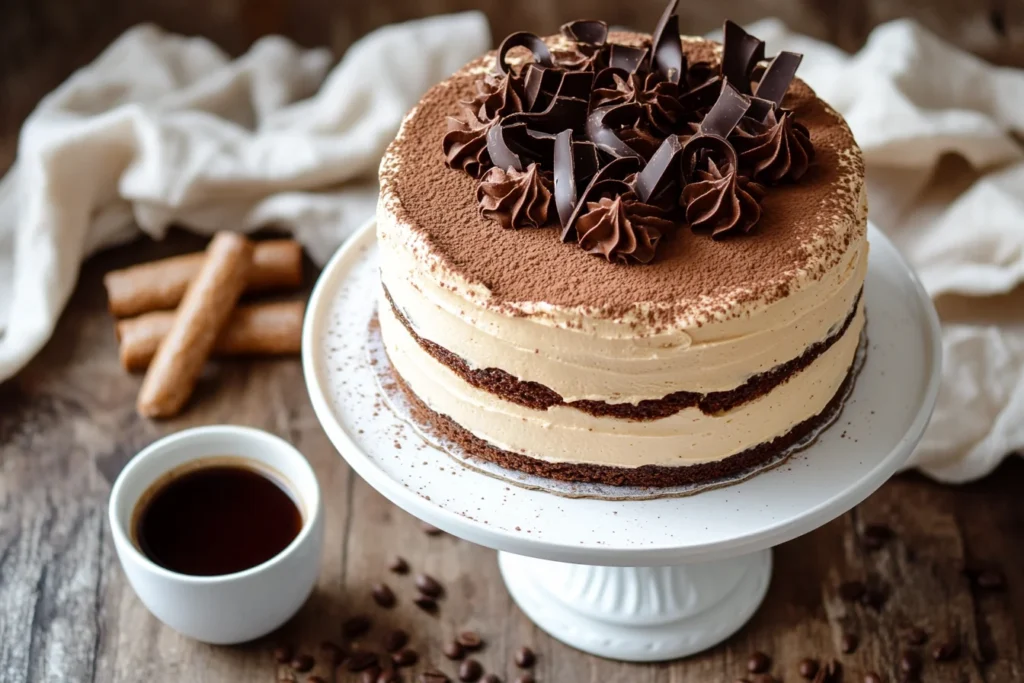 Tiramisu cake with mascarpone frosting and cocoa topping on white cake stand, styled with espresso and ladyfingers