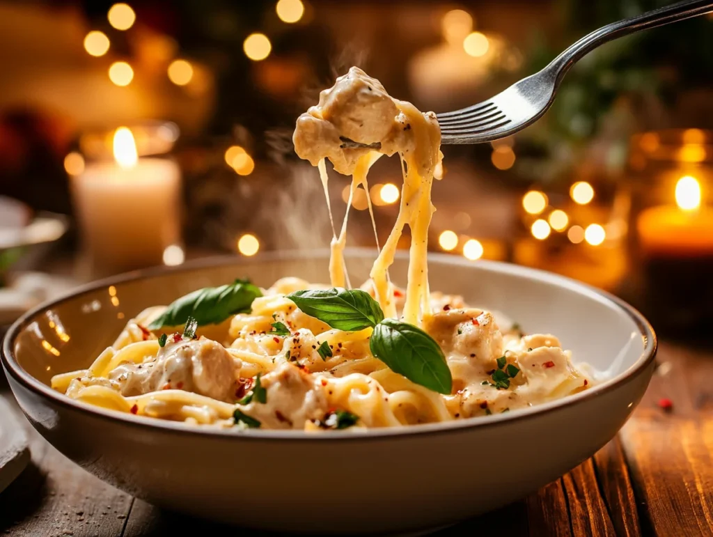Fork lifting creamy Marry Me Chicken Pasta from a bowl with romantic dinner lighting