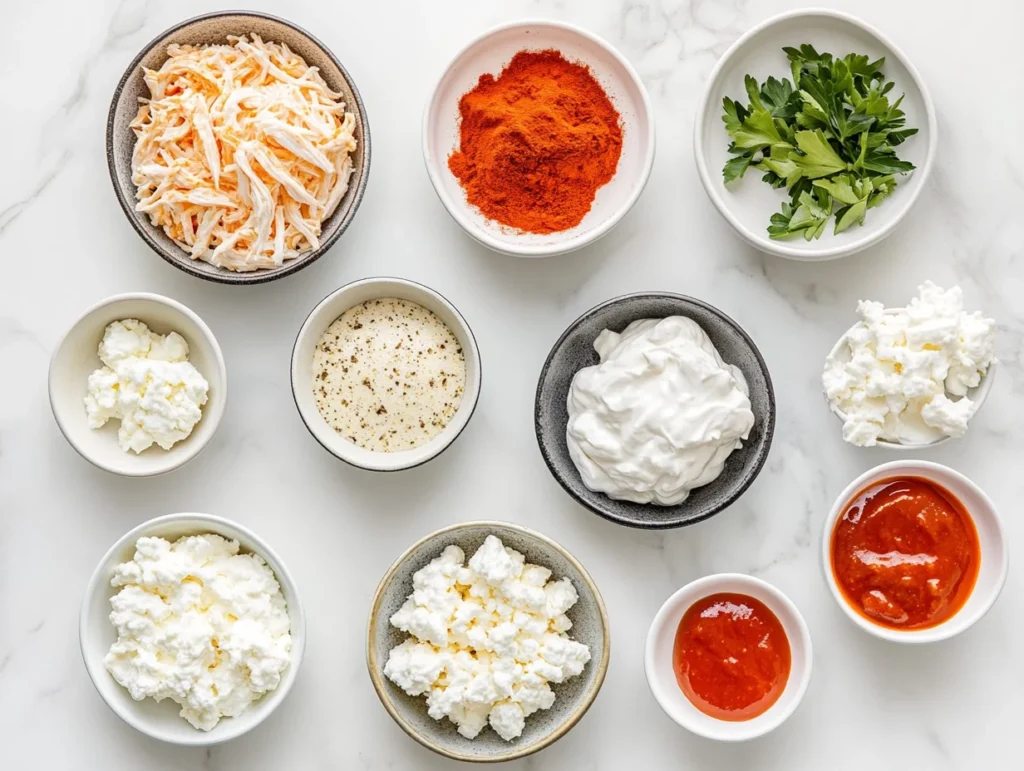 Healthy Buffalo Chicken Dip Recipe: Creamy, Spicy & Lightened-Up 2 Ingredients for healthy buffalo chicken dip arranged on a marble counter