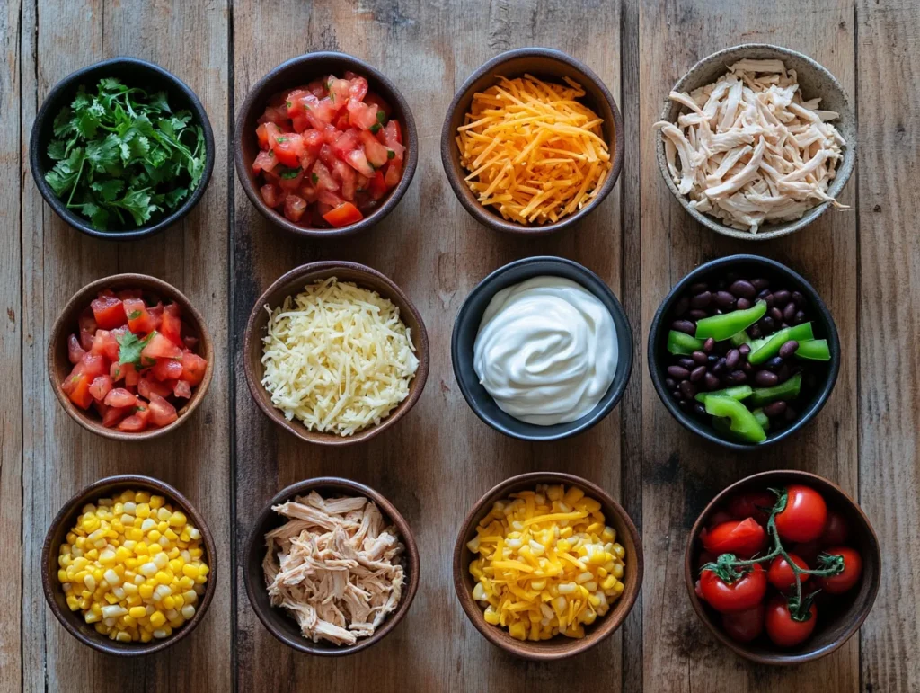 Chicken Taco Casserole: Easy Weeknight Meal the Whole Family Will Love 2 Colorful ingredients laid out for making chicken taco casserole, featuring shredded chicken, black beans, corn, cheese, tortillas, and tomatoes.