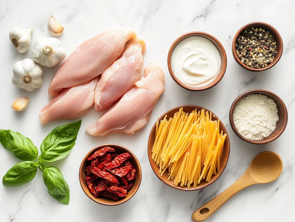Flat lay of Marry Me Chicken Pasta ingredients including chicken, pasta, cream, sun-dried tomatoes, and fresh basil