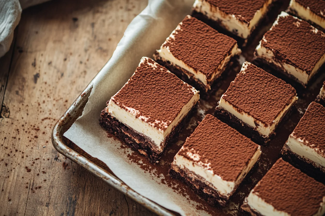 Freshly sliced tiramisu brownies with mascarpone topping and cocoa dusting, overhead view.