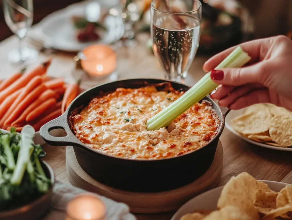 Healthy Buffalo Chicken Dip Recipe: Creamy, Spicy & Lightened-Up 3 celery into a cheesy healthy buffalo chicken dip served with veggies and chips