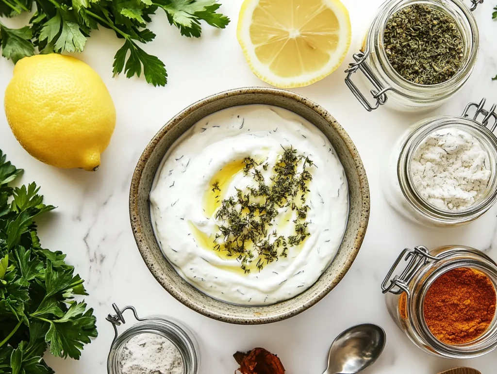 What Can You Substitute for Ranch in Buffalo Chicken Dip? 7 Delicious Alternatives to Try 2 Greek yogurt with homemade ranch seasoning surrounded by fresh herbs and spices