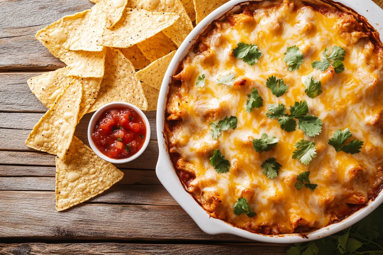 Chicken taco casserole topped with golden melted cheese and fresh cilantro in a white baking dish, served with tortilla chips.