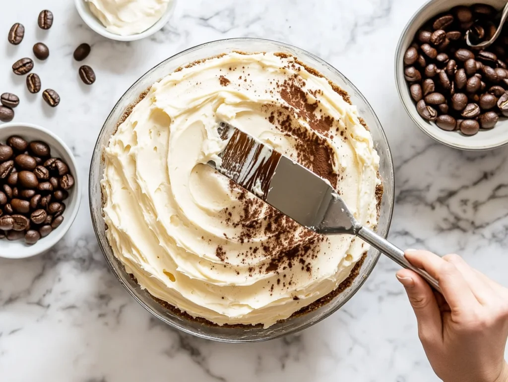 Tiramisu Cake Recipe: A Creamy, Coffee-Infused Dessert You’ll Love 2 Layered tiramisu cake being assembled with coffee syrup and mascarpone frosting on marble kitchen counter