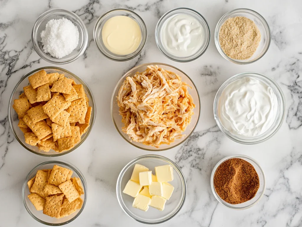 🥘 Ritz Cracker Chicken Casserole: The Ultimate Comfort Food Recipe 2 Ingredients laid out for making ritz cracker chicken casserole including chicken, soup, sour cream, and Ritz crackers.