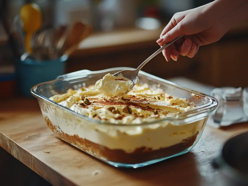 Pistachio Tiramisu with Mascarpone – Easy No-Bake Dessert Recipe 2 layering pistachio mascarpone filling over coffee-soaked ladyfingers in a glass baking dish
