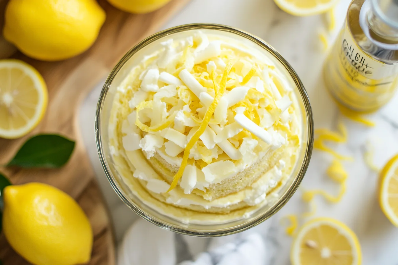 limoncello tiramisu garnished with lemon zest in a glass dish on a marble counter