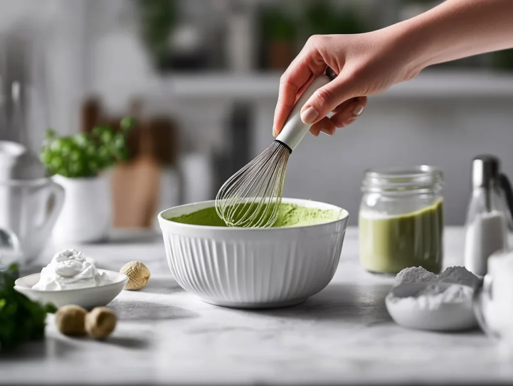 Matcha Tiramisu Delight: A Creamy Twist on the Classic Italian Dessert 2 Whisking matcha powder in a white bowl with tiramisu ingredients nearby