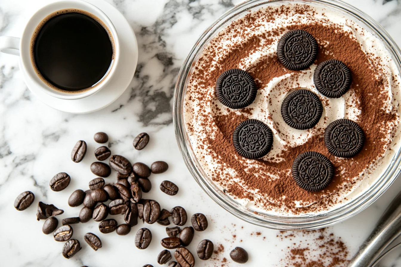 Decadent homemade oreo tiramisu recipe layered with mascarpone cream, Oreos, and cocoa powder.