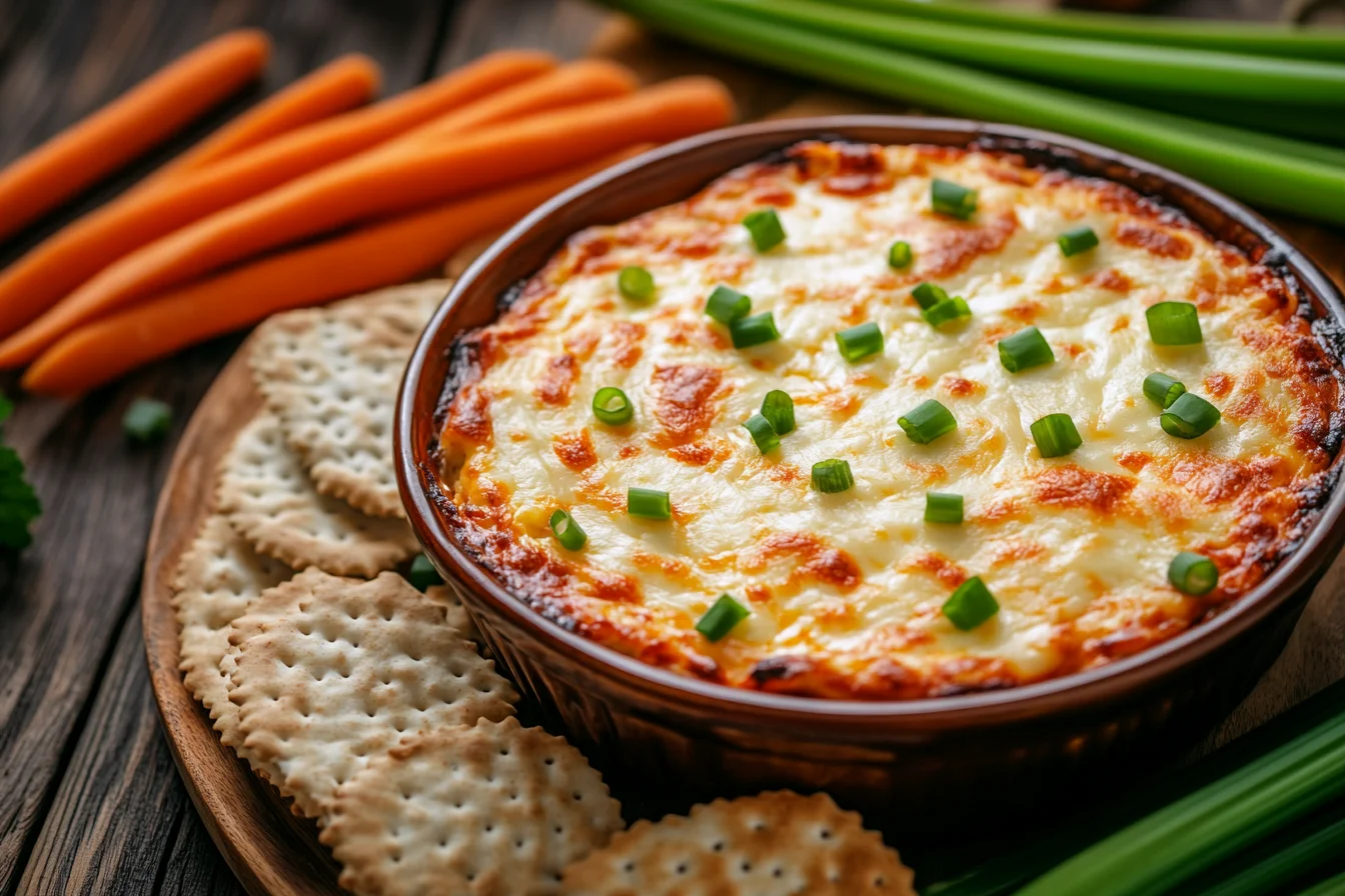 Healthy buffalo chicken dip fresh out of the oven with golden cheese and vegetable dippers