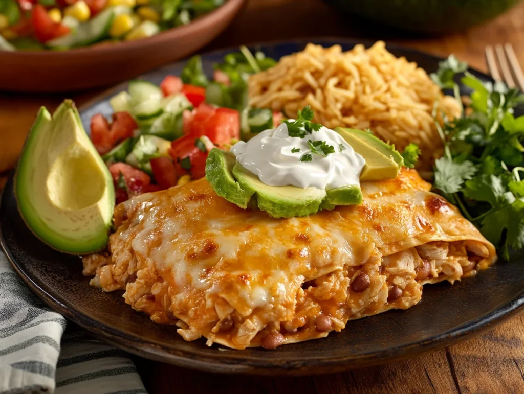 Chicken Taco Casserole: Easy Weeknight Meal the Whole Family Will Love 3 A plated serving of chicken taco casserole with avocado, sour cream, Mexican rice, and refried beans on a festive family dinner table.