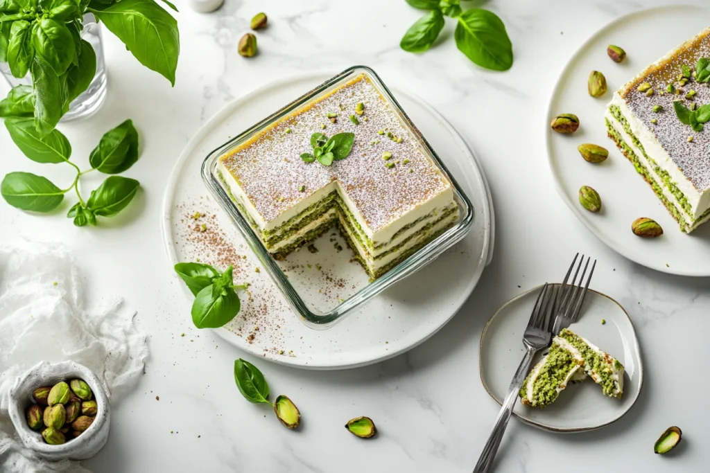 pistachio tiramisu with mascarpone in a glass dish, topped with chopped pistachios and powdered sugar