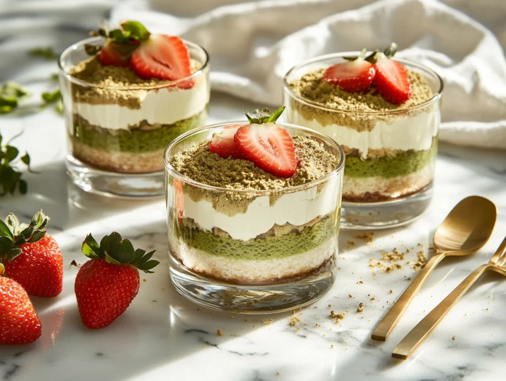Matcha Tiramisu Delight: A Creamy Twist on the Classic Italian Dessert 3 Individual matcha tiramisu servings in glass cups with strawberries on marble table