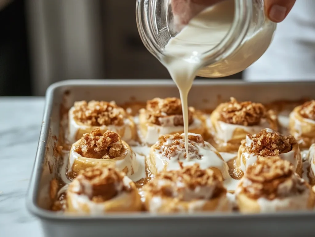 Rhodes Cinnamon Rolls Baking Hack: How to Make Store-Bought Rolls Taste Homemade 2 Pouring heavy cream over thawed Rhodes cinnamon rolls in a baking pan before baking