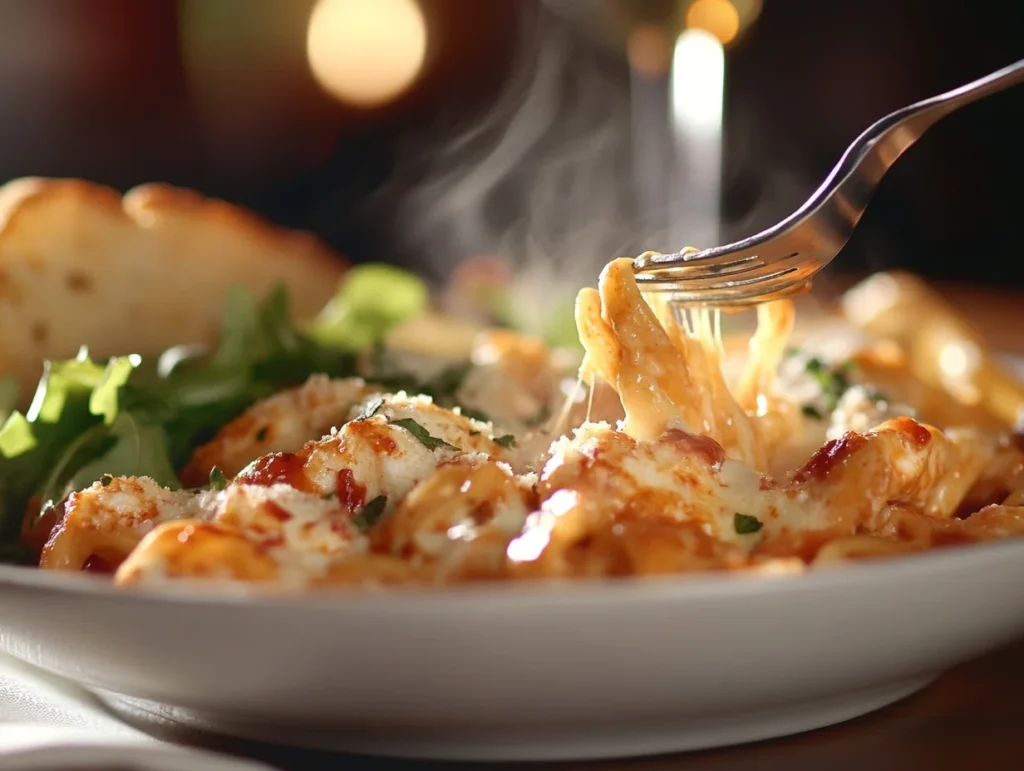 Baked Feta Pasta with Chicken: Easy TikTok-Inspired Weeknight Dinner 3 Plated baked feta pasta with chicken served with salad and garlic bread