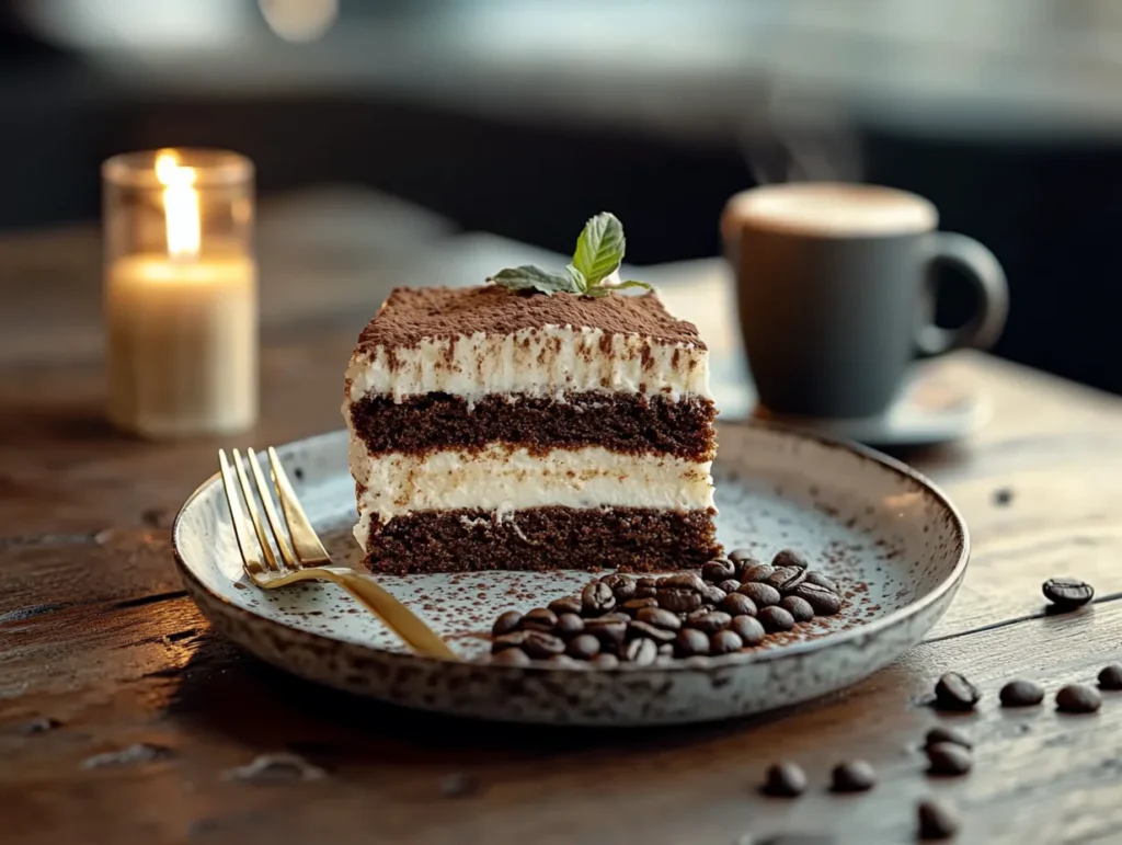 Tiramisu Cake Recipe: A Creamy, Coffee-Infused Dessert You’ll Love 3 Slice of tiramisu cake on dessert plate with cappuccino and scattered coffee beans, cozy table setting
