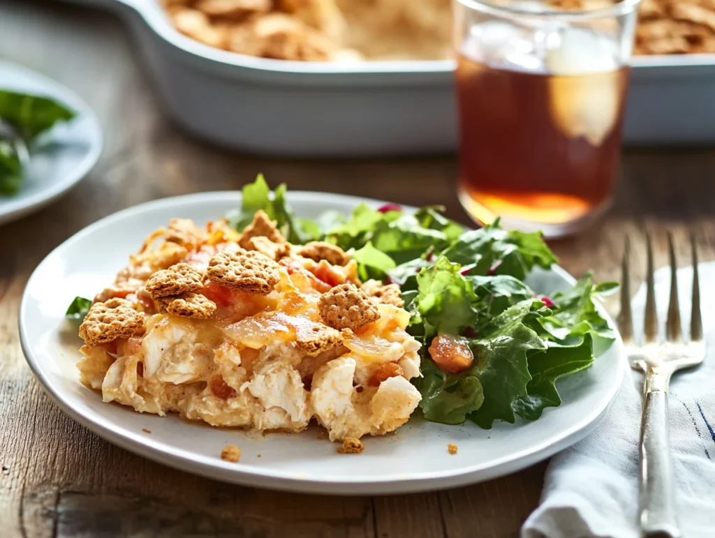 🥘 Ritz Cracker Chicken Casserole: The Ultimate Comfort Food Recipe 3 Plate of ritz cracker chicken casserole served with green salad and iced tea on a rustic dinner table.