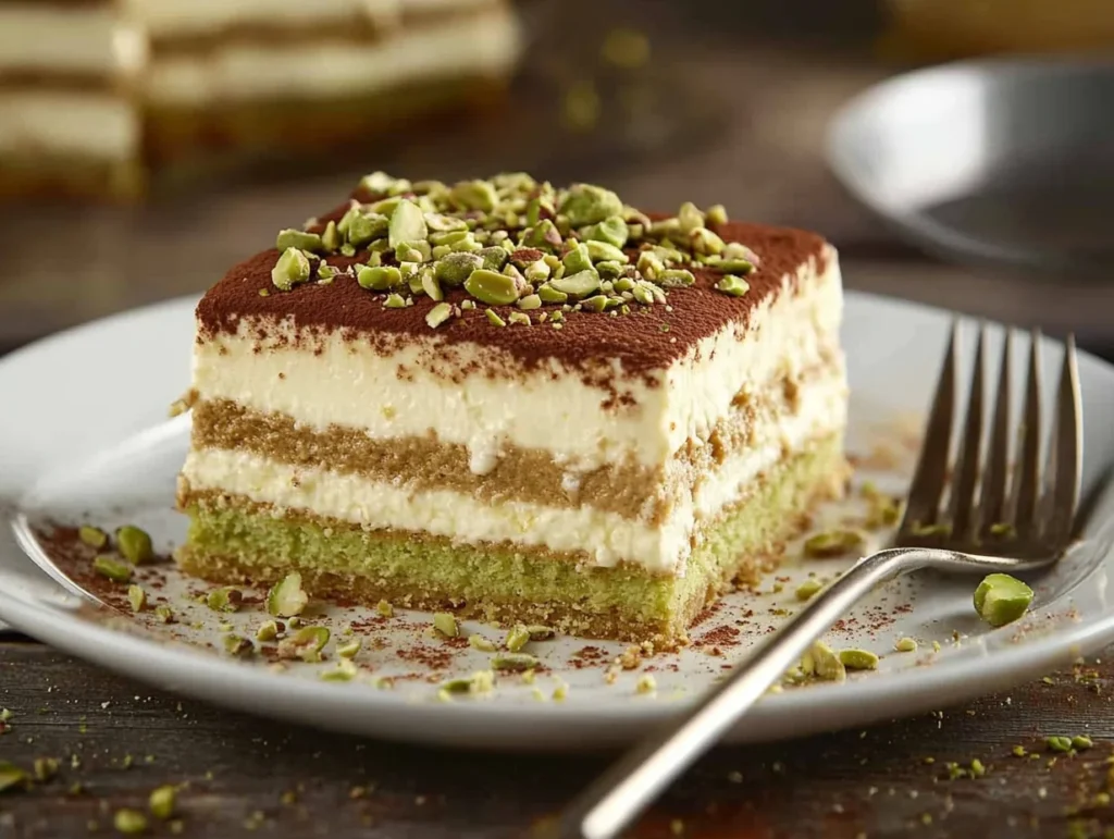 Pistachio Tiramisu with Mascarpone – Easy No-Bake Dessert Recipe 3 A plated slice of pistachio tiramisu with crushed pistachio topping and a fork beside it