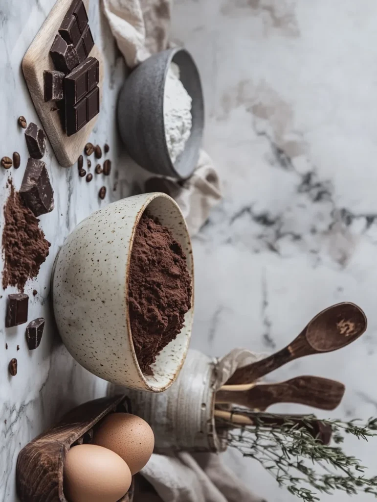Tiramisu Brownies: A Dreamy Blend of Coffee, Cream, and Chocolate 2 Espresso brownie ingredients laid out for tiramisu brownie recipe, including dark chocolate, butter, and espresso powder.