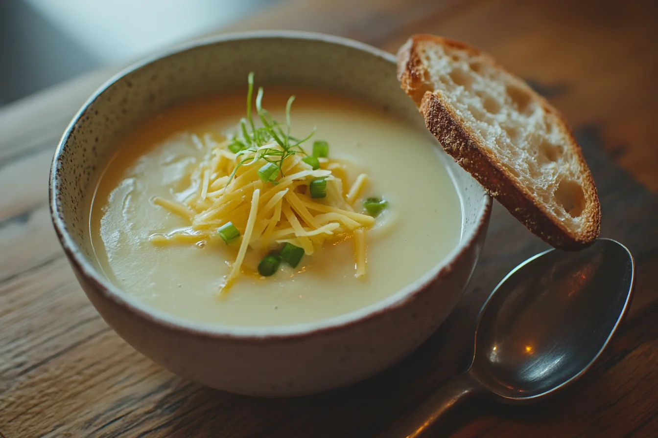 Creamy 4 ingredient potato soup served in a rustic bowl with cheddar and green onion topping