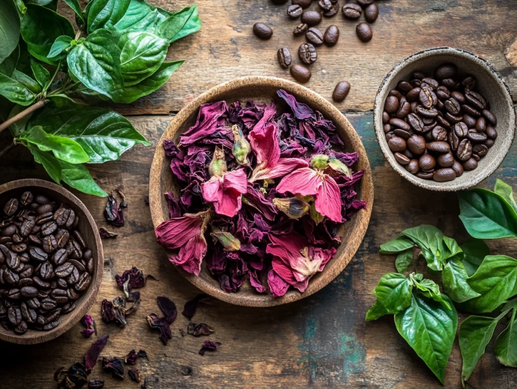 Natural Mounjaro Recipe: The 1 Ultimate Guide to Natural Alternatives and Ingredients 2 Brazilian Mounjaro ingredients hibiscus flowers and green coffee beans