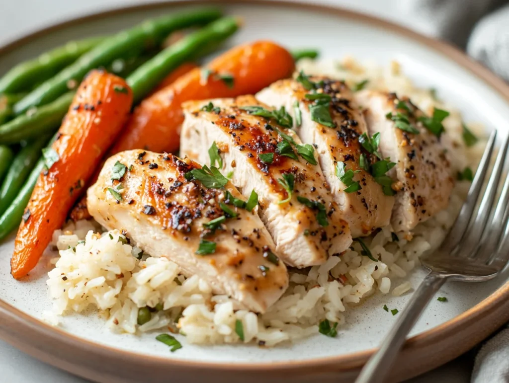 Catalina Chicken Recipe: Easy Baked Chicken with Sweet & Tangy Sauce 3 Plated Catalina chicken served with almond rice pilaf, carrots, and green beans for a hearty meal.