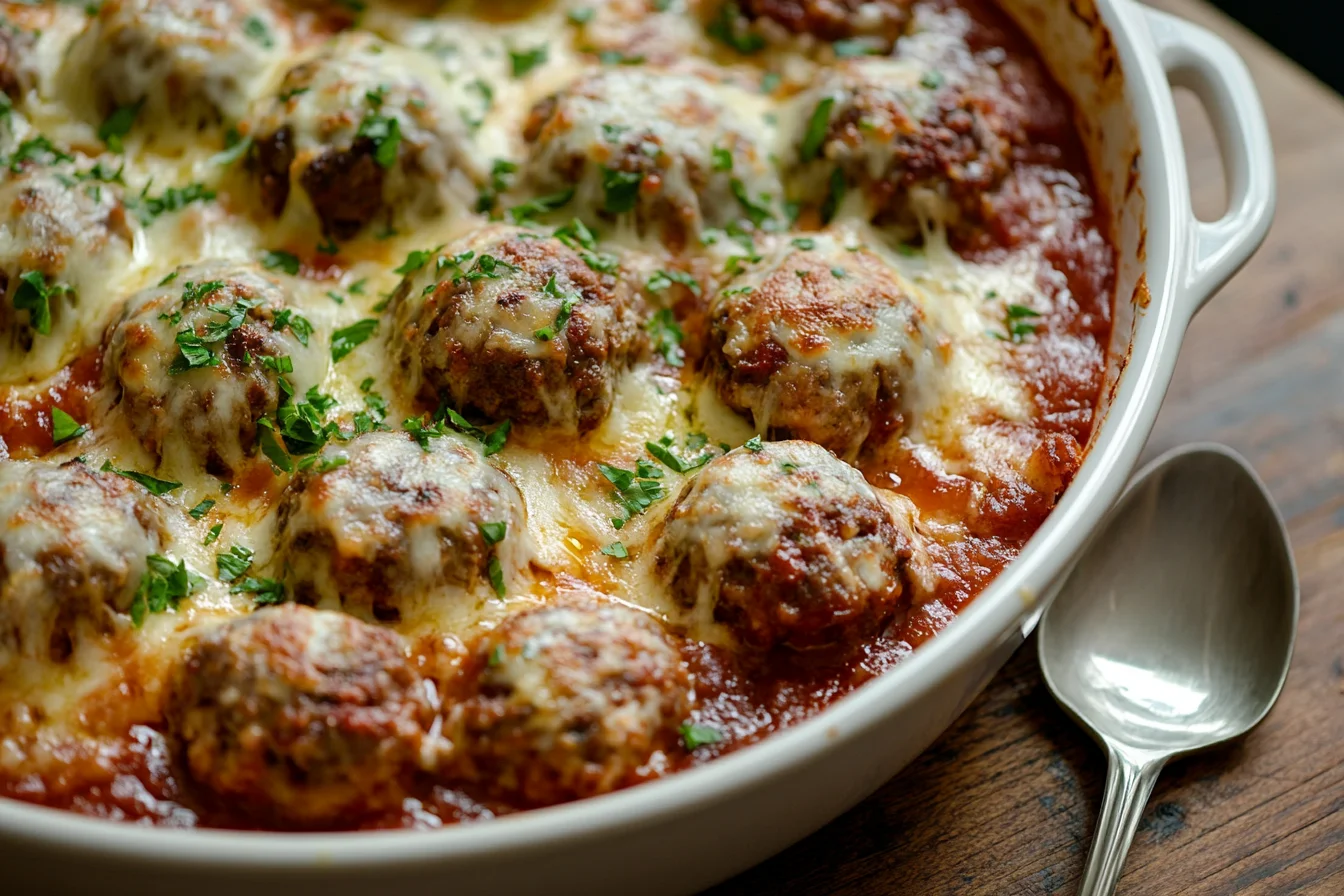 bubbling meatball casserole with melted cheese and fresh basil in a ceramic baking dish
