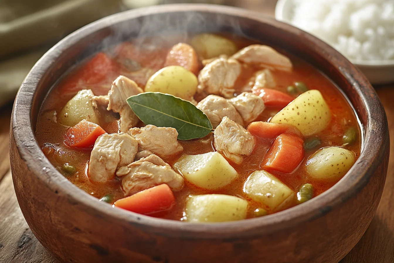 Chicken caldereta in a rustic pot with rich tomato sauce and vegetables
