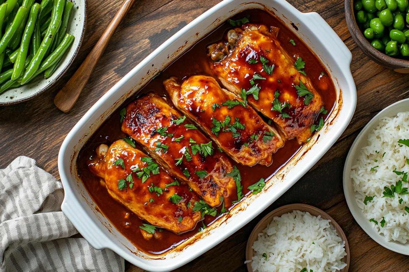 baked Catalina chicken in a white dish with sweet and tangy sauce served with rice and green beans.