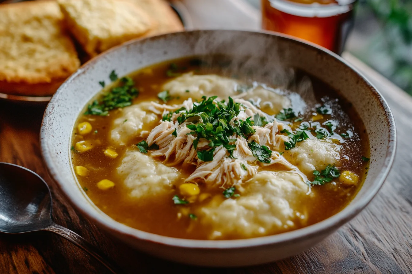 Southern chicken pastry recipe with dumplings in rich broth served with cornbread