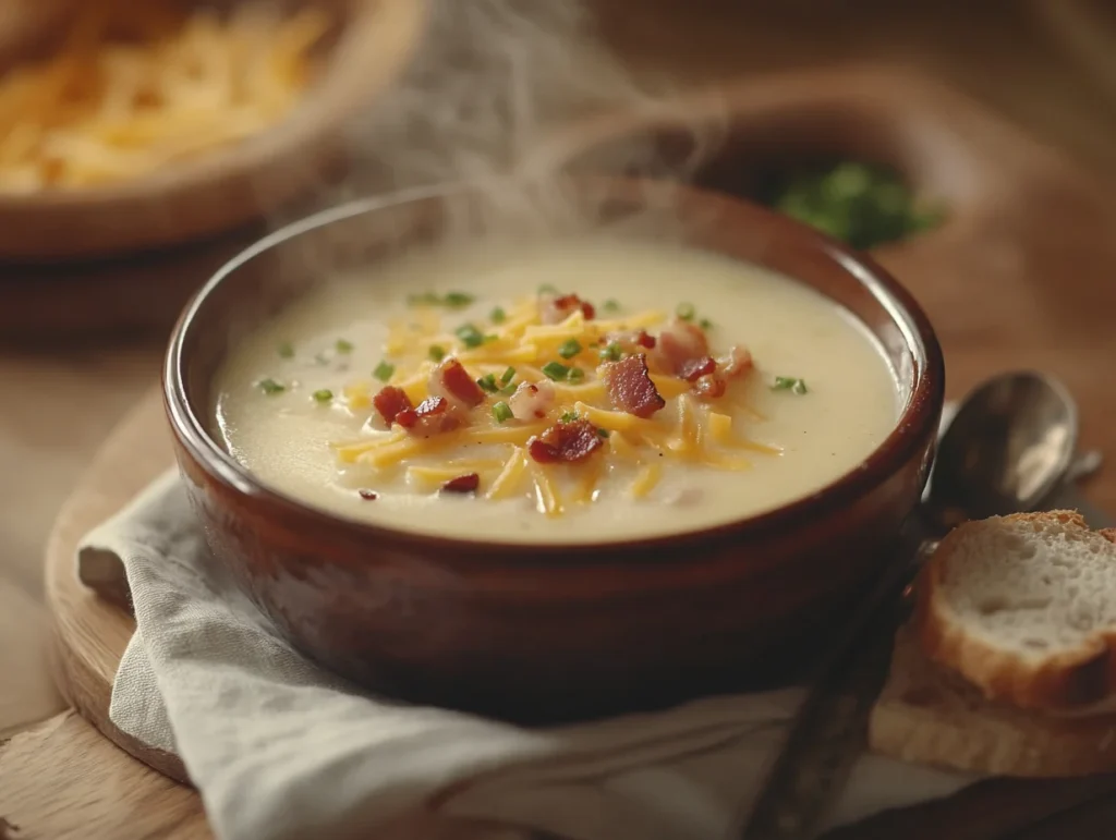 4 Ingredient Potato Soup Recipe for Busy Weeknights 3 Bowl of 4 ingredient potato soup with toppings and crusty bread on a cozy dinner table