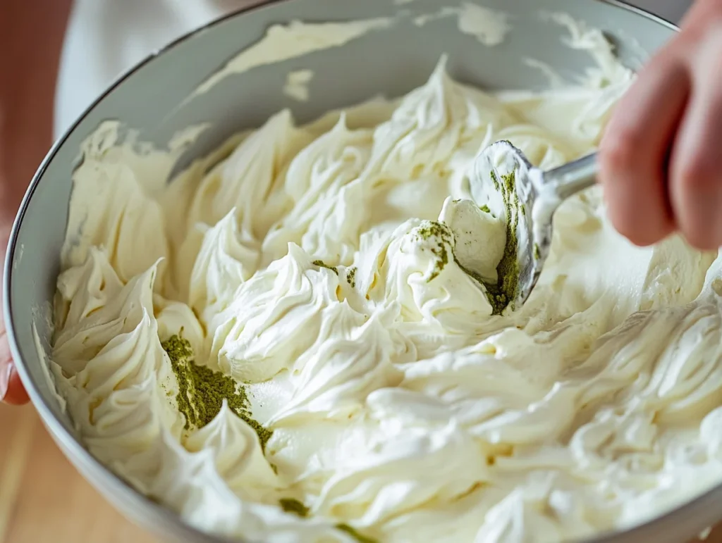 Matcha Tiramisu No Egg: Easy, Creamy & Irresistibly Delicious Dessert Recipe 2 whipped mascarpone matcha filling being folded in a bowl, showing the creamy texture of this eggless dessert.