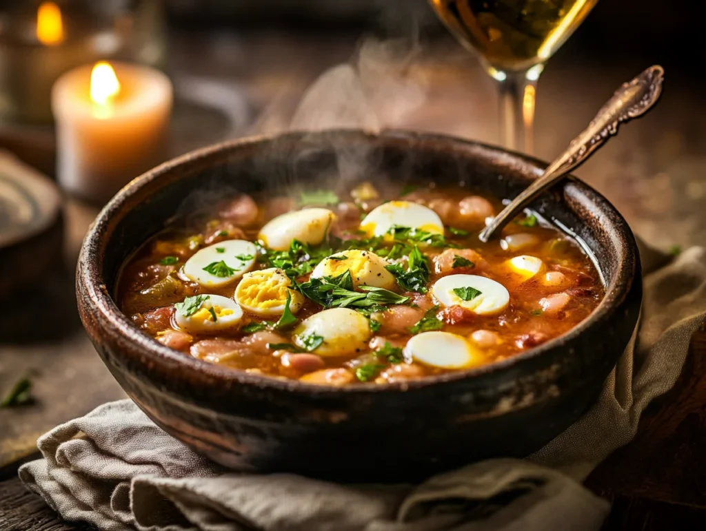 Steaming bowl of mock turtle soup with egg garnish and vintage spoon on a dinner table