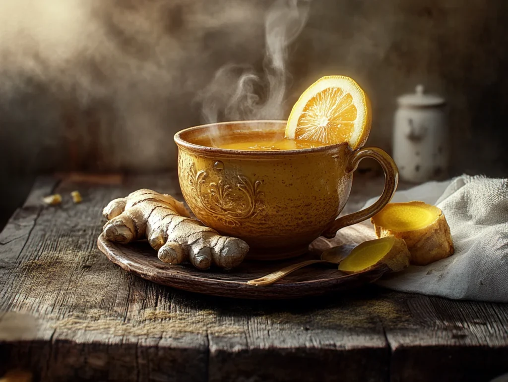 Lemon Ginger Turmeric Tea Shots: Frozen Wellness Boost in Every Sip 2 A warm mug of lemon ginger turmeric tea with steam and fresh ingredients beside it