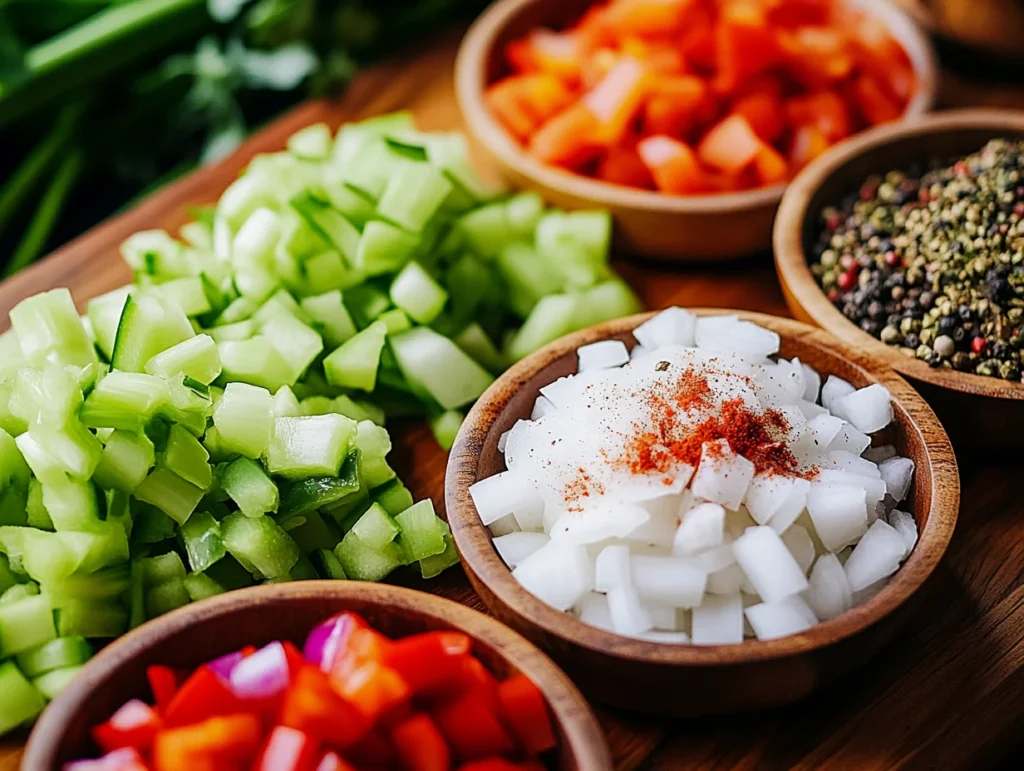 Chopped onions, celery, and bell pepper with spices on a rustic wooden board