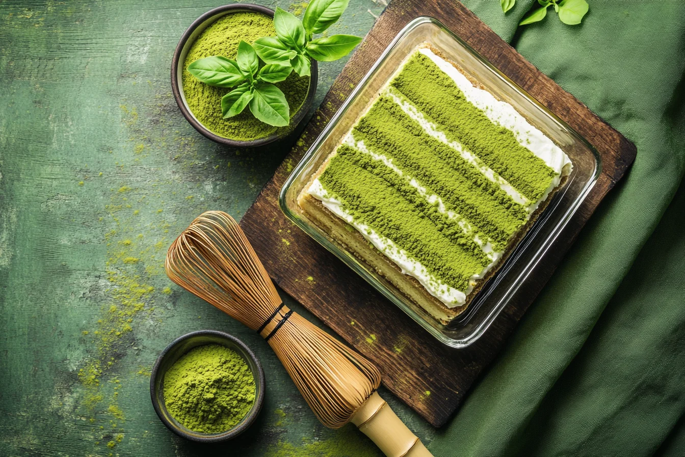 matcha tiramisu no egg in a glass dish with visible creamy layers, dusted with bright matcha powder.