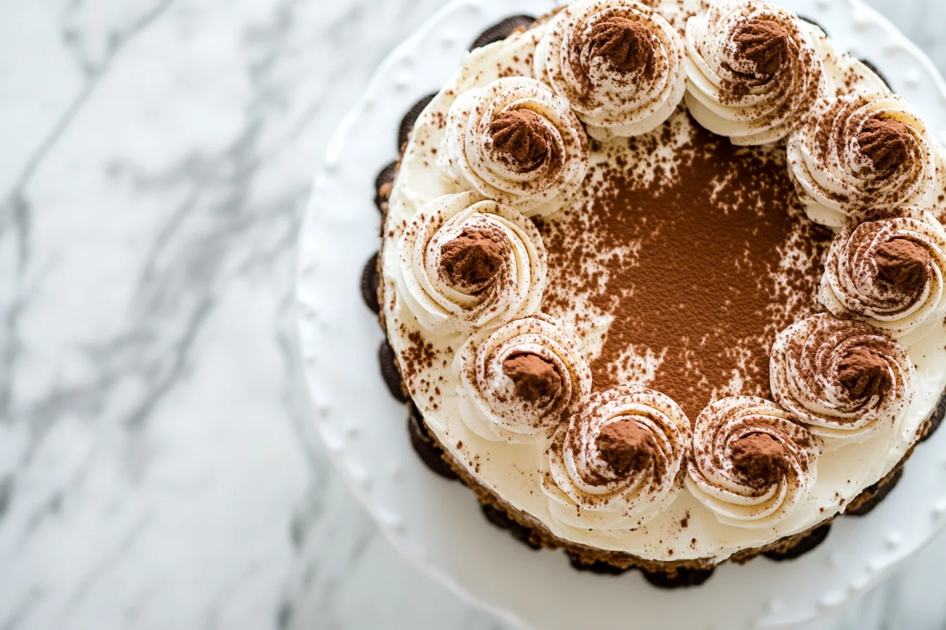 Oreo Tiramisu Cheesecake topped with cocoa powder and whipped cream on a white cake stand