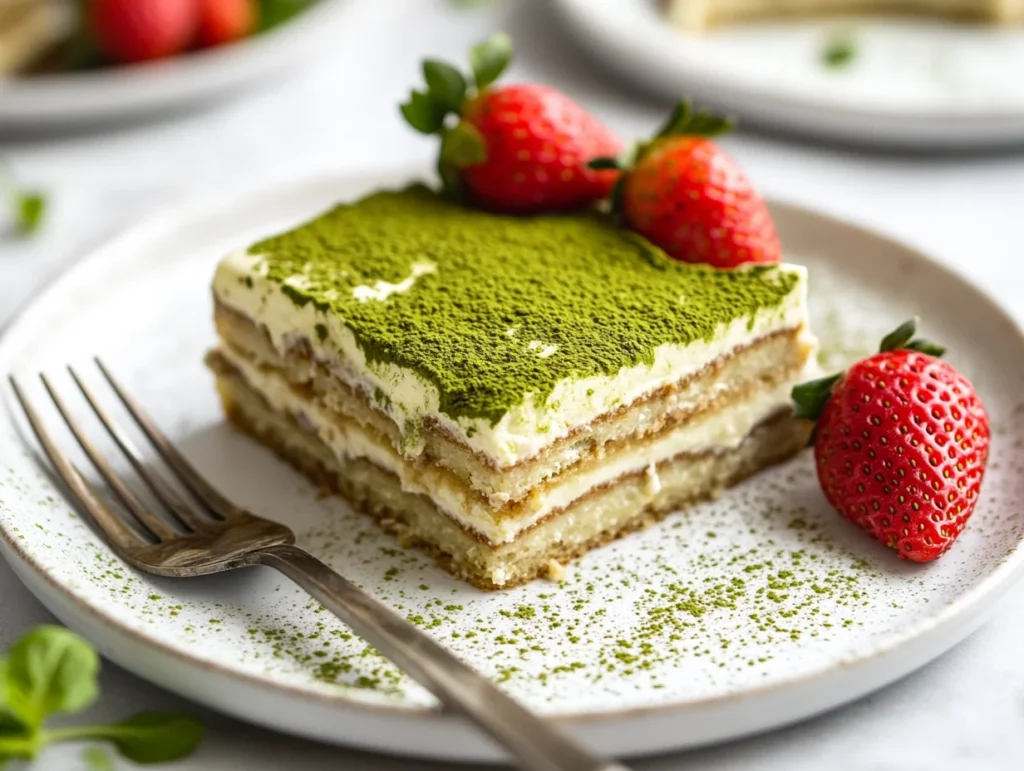 Matcha Tiramisu No Egg: Easy, Creamy & Irresistibly Delicious Dessert Recipe 3 Slice of matcha tiramisu no egg on a dessert plate with matcha dusting and fresh strawberries, ready to be enjoyed.