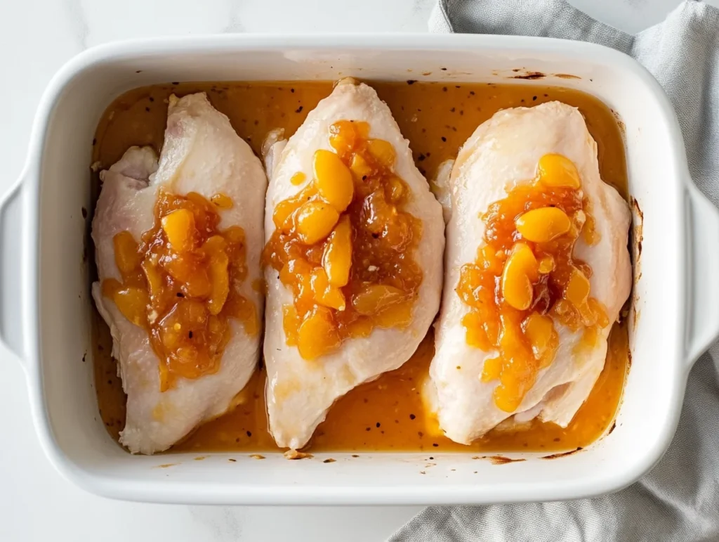 Catalina Chicken Recipe: Easy Baked Chicken with Sweet & Tangy Sauce 2 Raw Catalina chicken recipe in a baking dish topped with dressing and soup mix ready for baking.