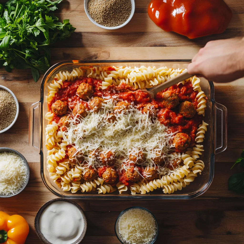 Meatball Casserole Bake – Dump, Layer, and Relax Dinner Recipe 2 Layering pasta, sauce, meatballs, and cheese in a casserole dish for meatball casserole prep